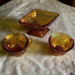 Iridescent pedestal dish and 2 cups